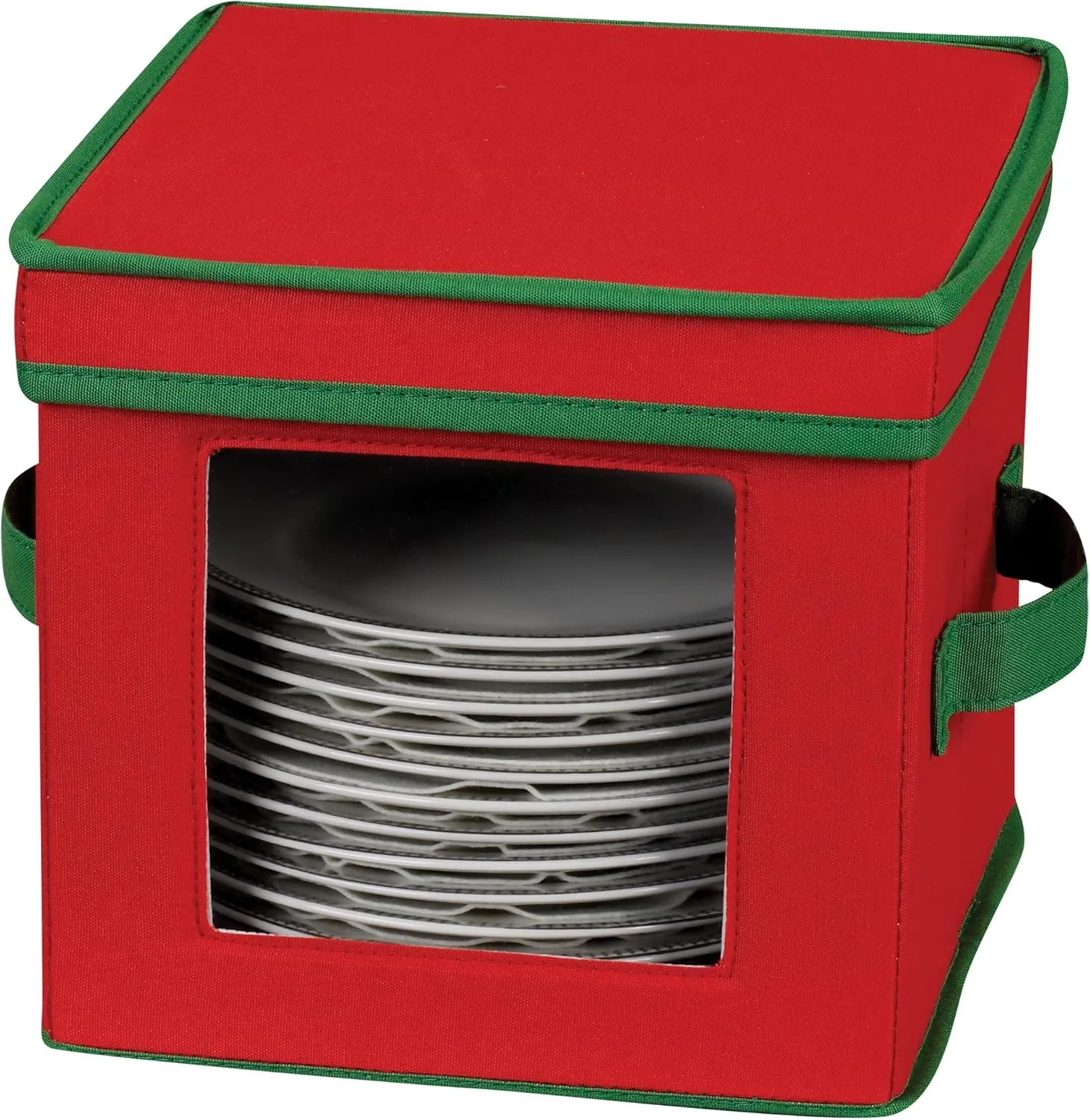 Household Essentials 532RED Holiday China Dinnerware Storage for Dessert Plates or Bowls | Removable Lid | Red Canvas with Green Trim