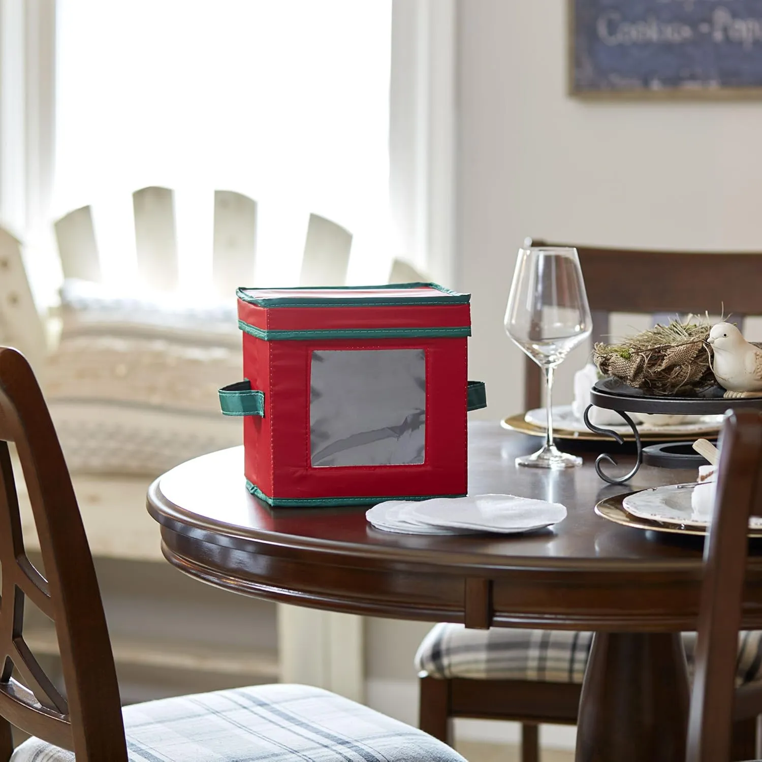Household Essentials 532RED Holiday China Dinnerware Storage for Dessert Plates or Bowls | Removable Lid | Red Canvas with Green Trim