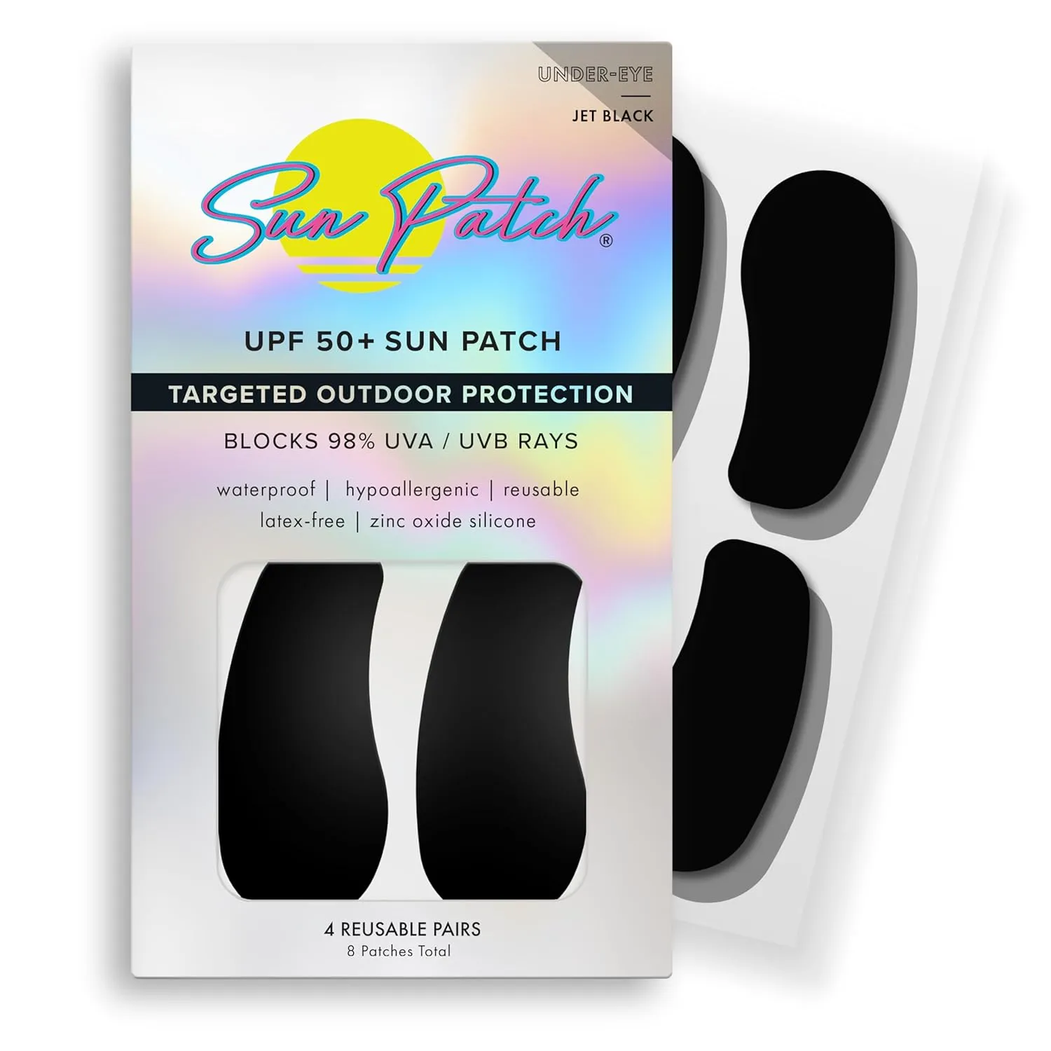 Hypoallergenic Sun-Screen Under Eye Patches, 100% Silicone UPF-50 UV Protection, Reusable, 1 Pack/4 Pairs, Black