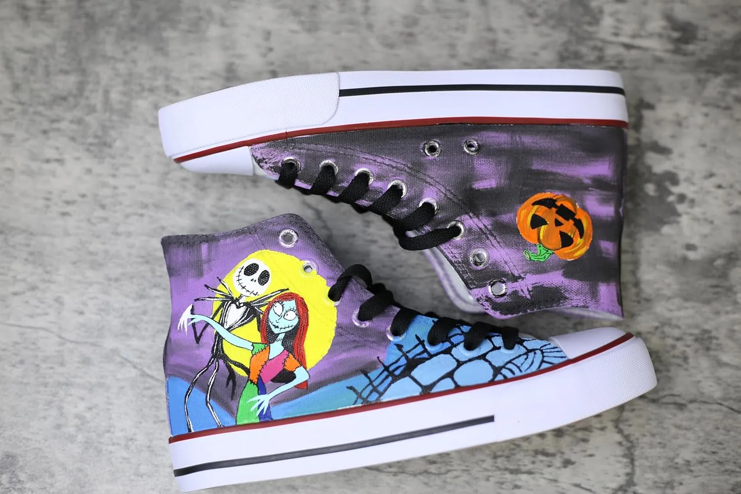 Jack and Sally canvas shoes Christmas High Top Canvas Sneakers, Hand-Painted Design, Purple and Yellow (10Men/EUR45)