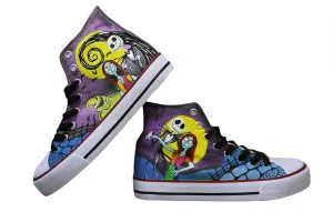 Jack and Sally canvas shoes Christmas High Top Canvas Sneakers, Hand-Painted Design, Purple and Yellow (10Men/EUR45)