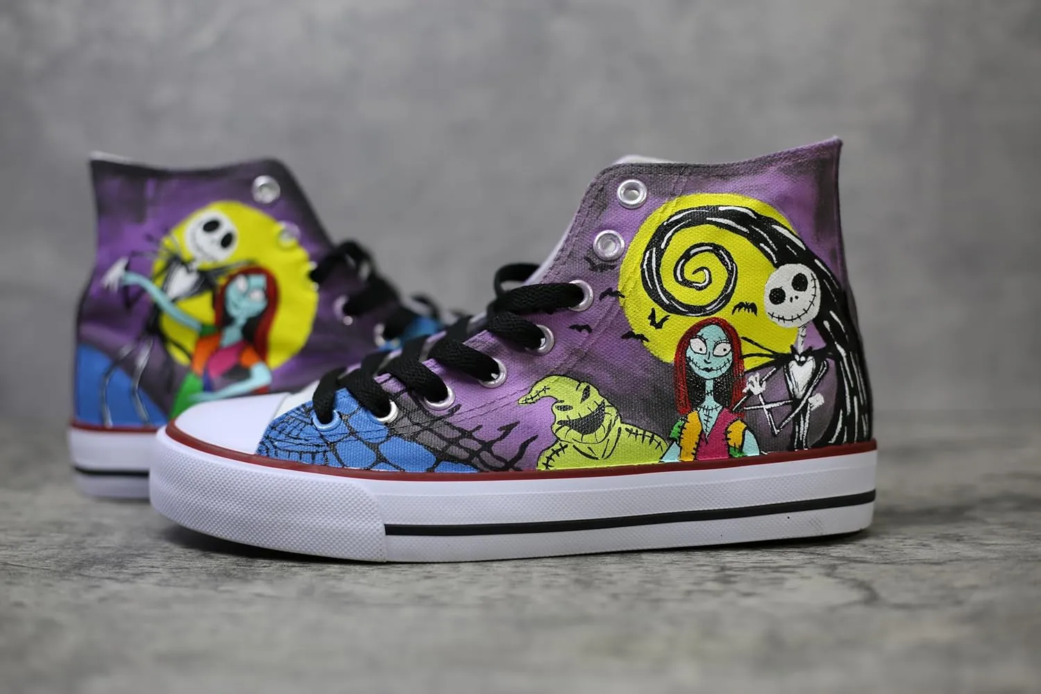 Jack and Sally canvas shoes Christmas High Top Canvas Sneakers, Hand-Painted Design, Purple and Yellow (10Men/EUR45)
