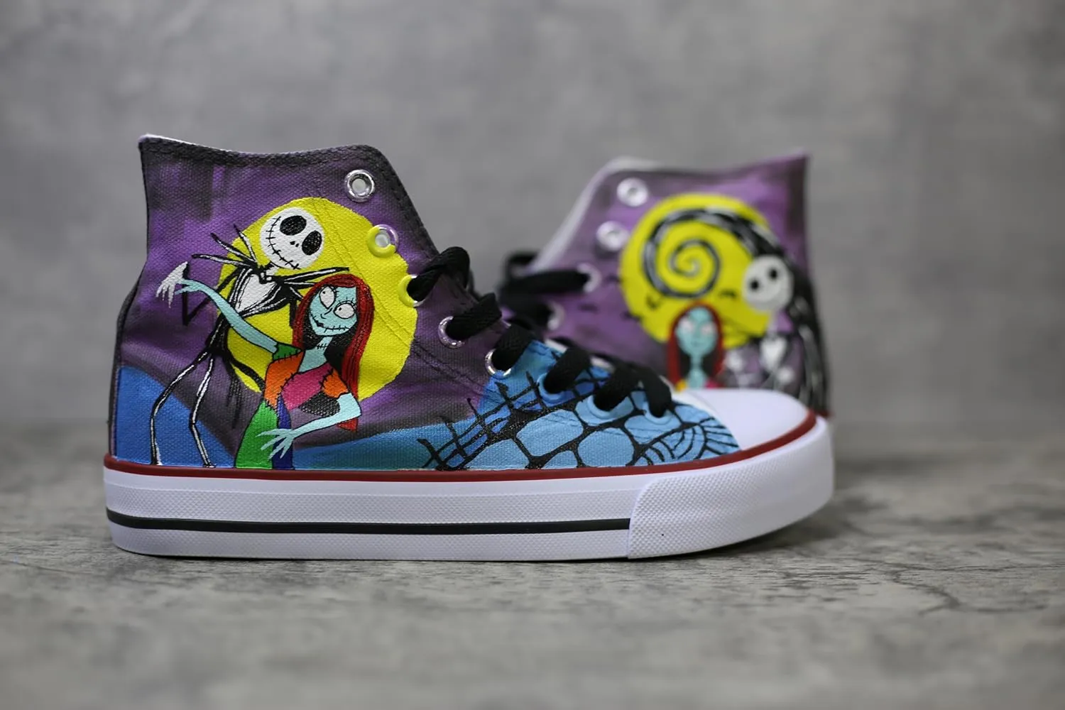 Jack and Sally canvas shoes Christmas High Top Canvas Sneakers, Hand-Painted Design, Purple and Yellow (10Men/EUR45)