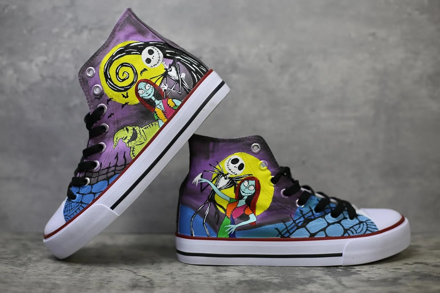 Jack and Sally canvas shoes Christmas High Top Canvas Sneakers, Hand-Painted Design, Purple and Yellow (10Men/EUR45)