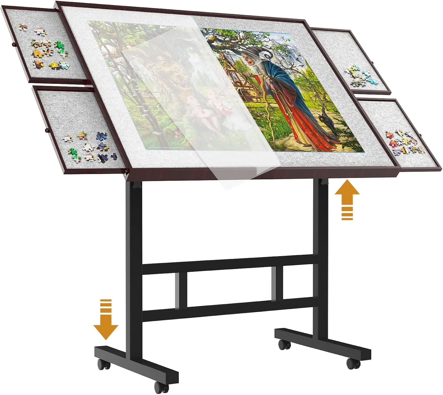 Jigsaw Puzzle Table 1500 Pieces,Adjustable Height&Up Puzzle Board with Cover and 4 Drawers,34×26in Puzzle Tables for Adults,Puzzle Board with Cover with Legs for Puzzle Doer(Coffee Color)
