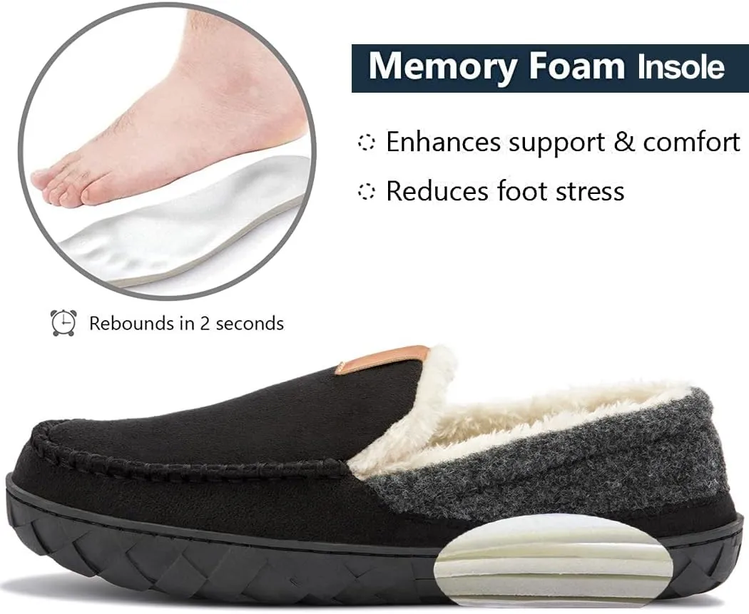 Josaywin Men's Cozy Moccasin Slippers with Memory Foam - Rubber Sole with Multi-Directional Grip Indoor/Outdoor House Shoes Size 7-16