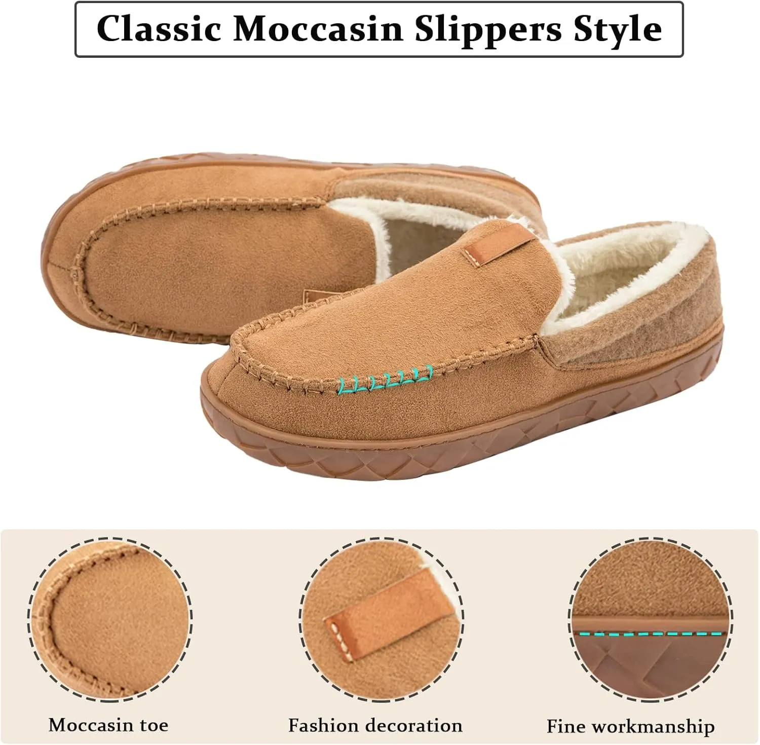 Josaywin Men's Cozy Moccasin Slippers with Memory Foam - Rubber Sole with Multi-Directional Grip Indoor/Outdoor House Shoes Size 7-16
