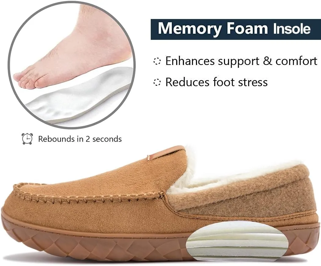 Josaywin Men's Cozy Moccasin Slippers with Memory Foam - Rubber Sole with Multi-Directional Grip Indoor/Outdoor House Shoes Size 7-16