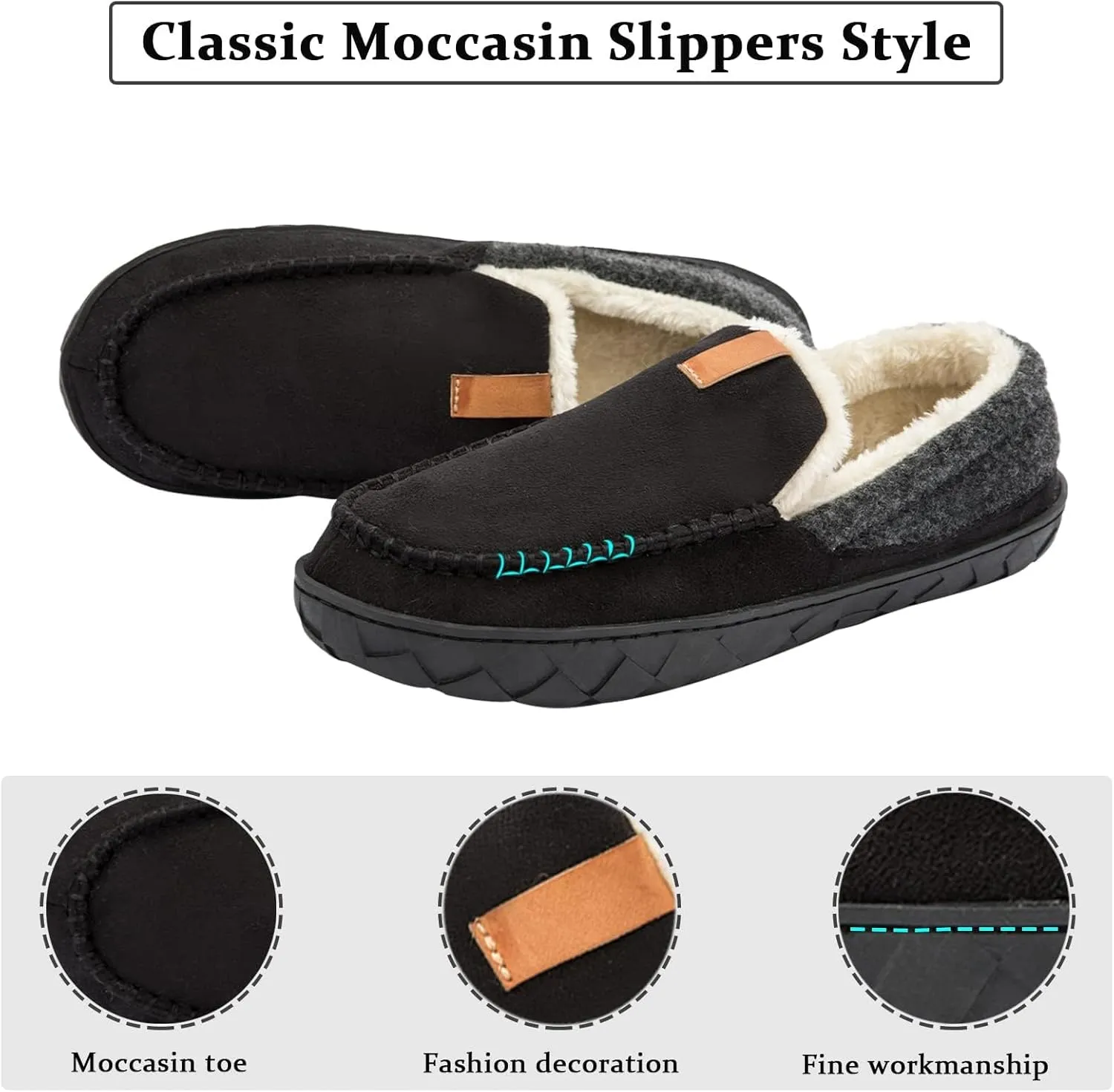 Josaywin Men's Cozy Moccasin Slippers with Memory Foam - Rubber Sole with Multi-Directional Grip Indoor/Outdoor House Shoes Size 7-16