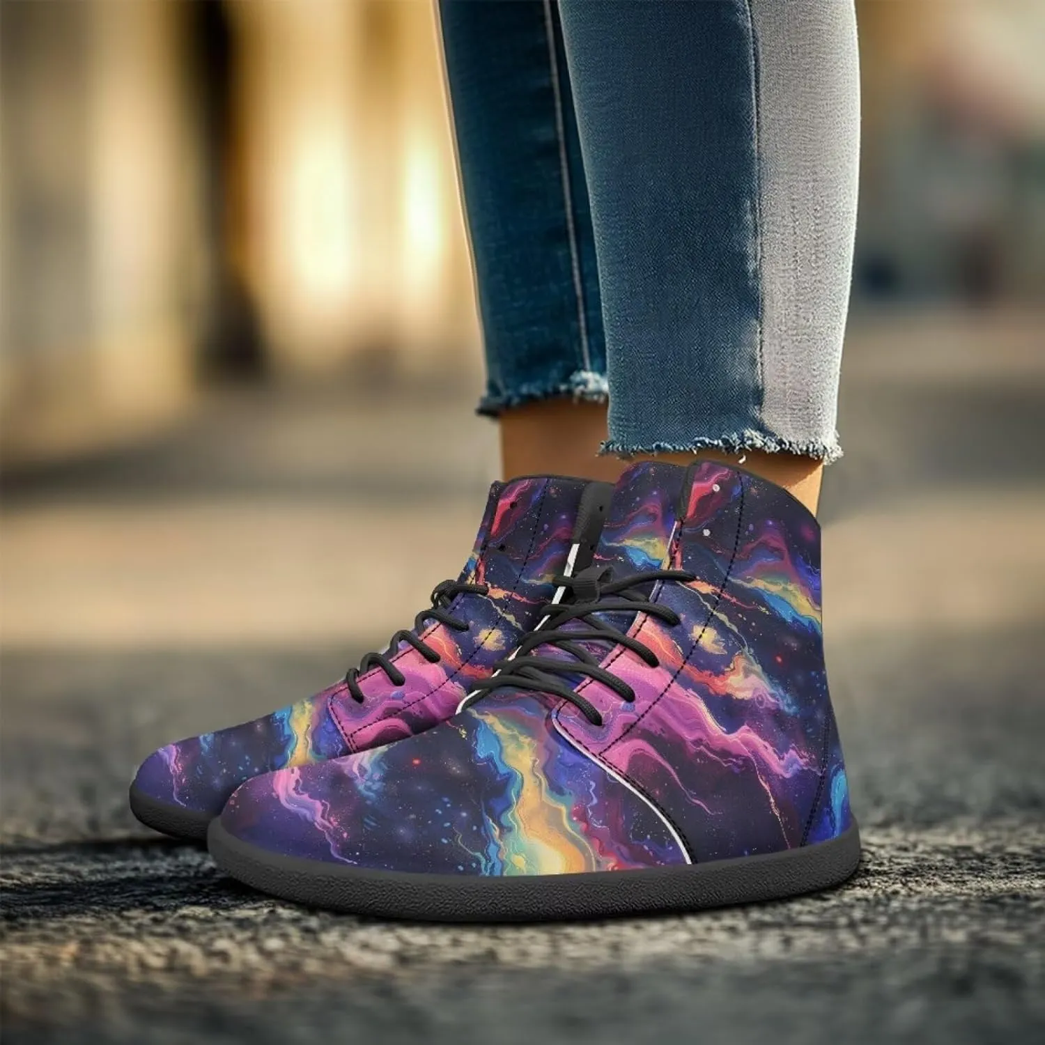 JoyLamoria Womens High Top Sneakers with Marble Painted Walking Tennis Shoes Lace up Leather Minimalist Shoes for Outdoor