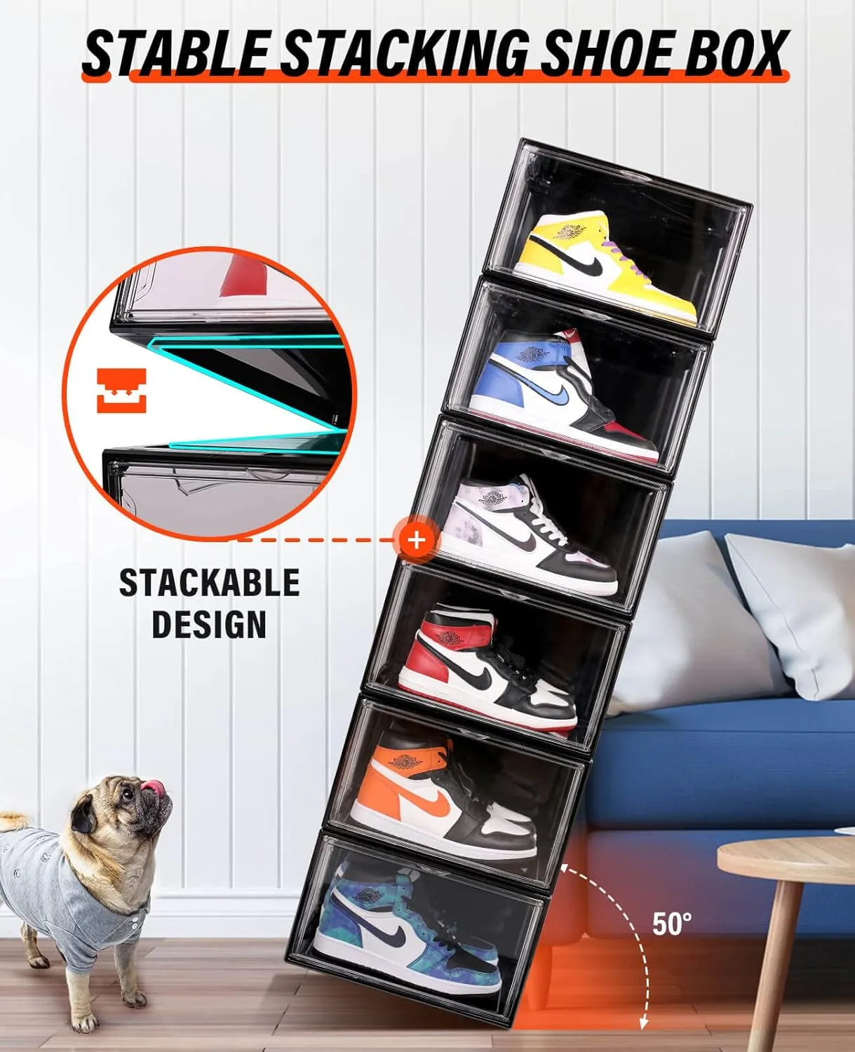 KDOR Clear Shoe Boxes Stackable, 3 Pack Shoe Storage Box with Lids Magnetic Door, Clear Sneaker Storage Acrylic Boxes for Display, Fit Shoe Size Up to US 15