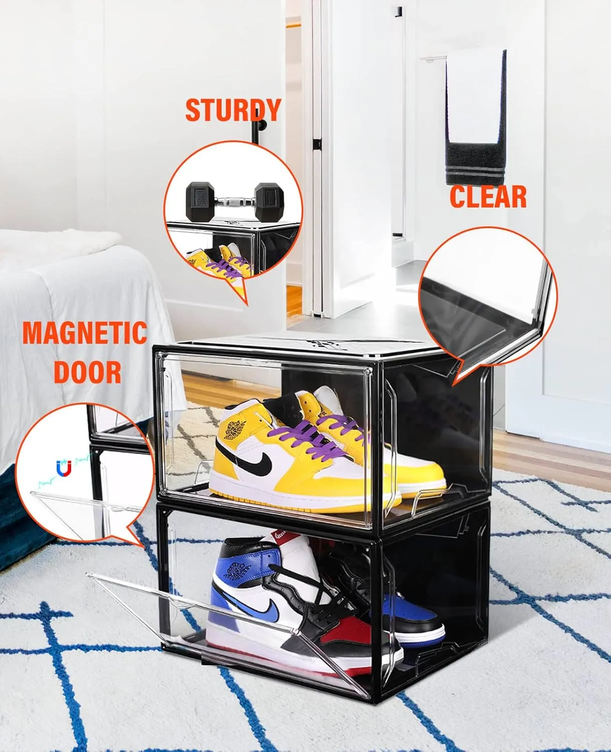 KDOR Clear Shoe Boxes Stackable, 3 Pack Shoe Storage Box with Lids Magnetic Door, Clear Sneaker Storage Acrylic Boxes for Display, Fit Shoe Size Up to US 15
