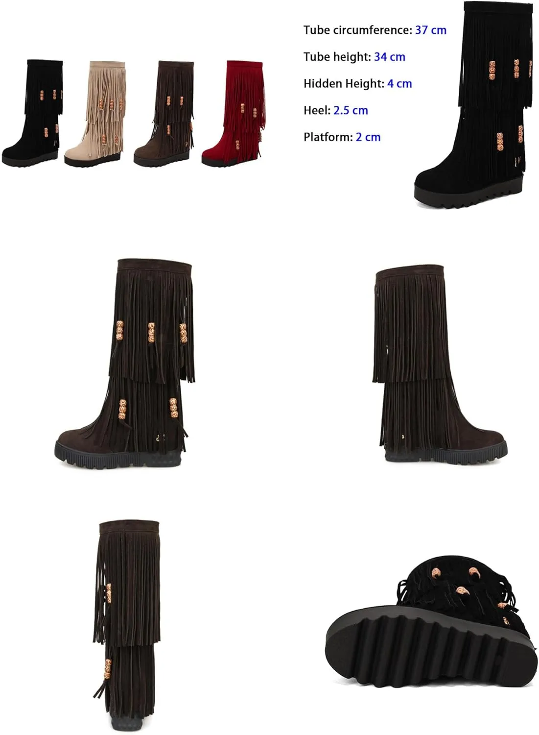 Keilinia Women's 2-Layer Fringe Suede Mid-Calf Boots,Fall Winter Vintage Cute Beaded Hidden Height Wedge Hippie Moccasin Boots