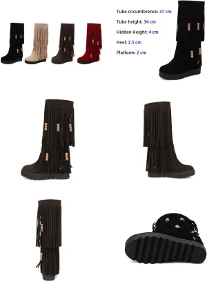 Keilinia Women's 2-Layer Fringe Suede Mid-Calf Boots,Fall Winter Vintage Cute Beaded Hidden Height Wedge Hippie Moccasin Boots