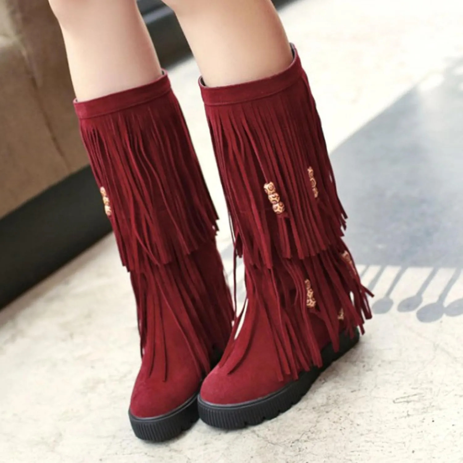 Keilinia Women's 2-Layer Fringe Suede Mid-Calf Boots,Fall Winter Vintage Cute Beaded Hidden Height Wedge Hippie Moccasin Boots
