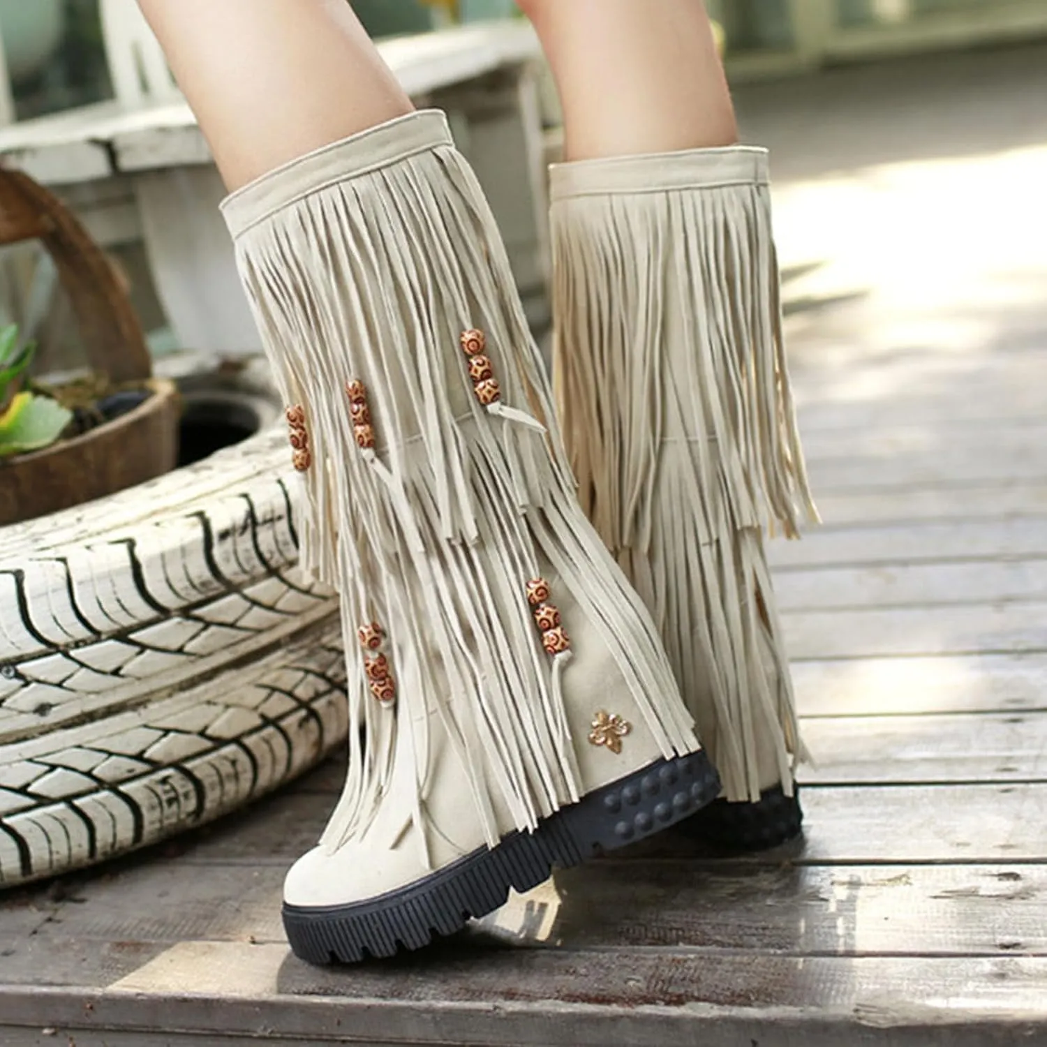 Keilinia Women's 2-Layer Fringe Suede Mid-Calf Boots,Fall Winter Vintage Cute Beaded Hidden Height Wedge Hippie Moccasin Boots
