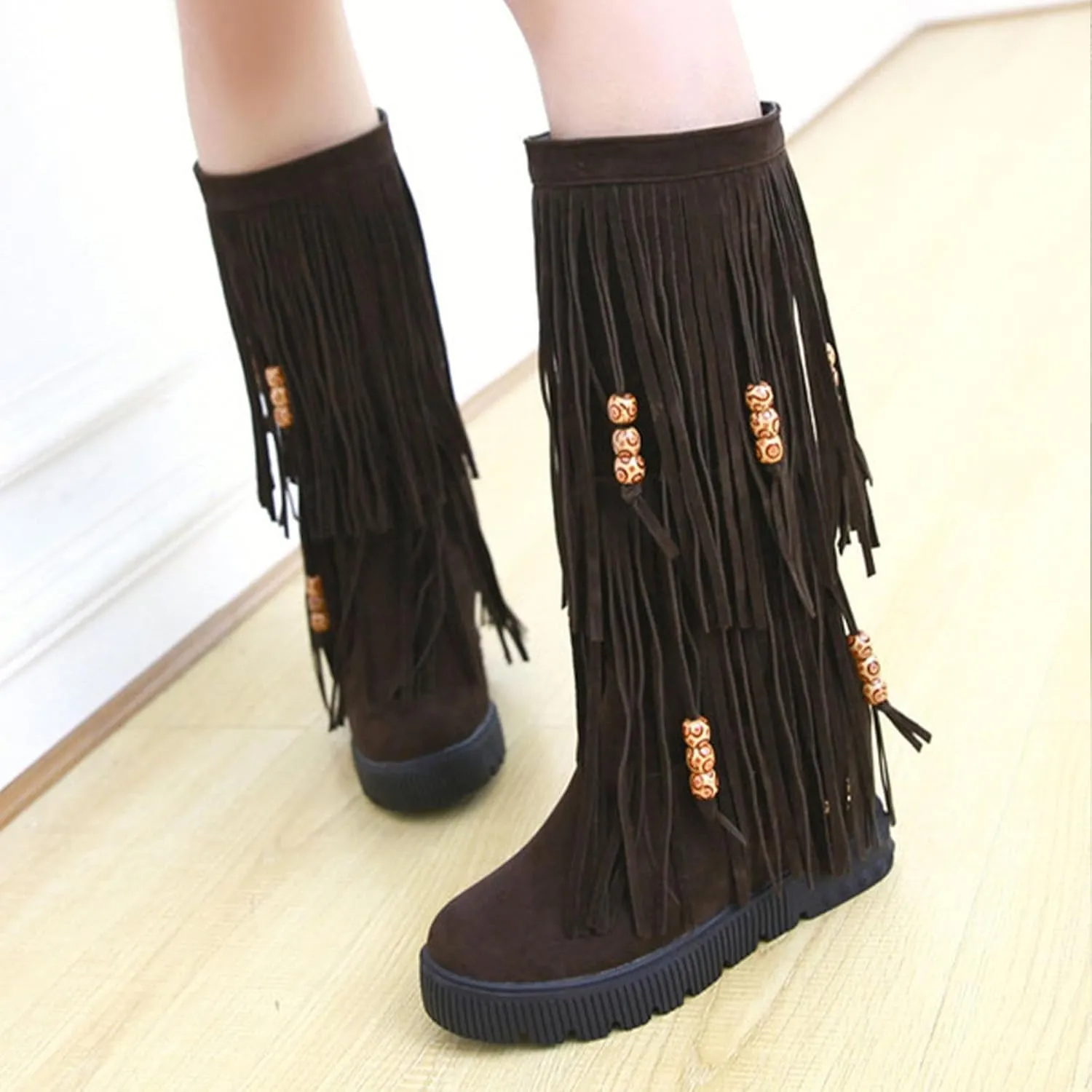 Keilinia Women's 2-Layer Fringe Suede Mid-Calf Boots,Fall Winter Vintage Cute Beaded Hidden Height Wedge Hippie Moccasin Boots