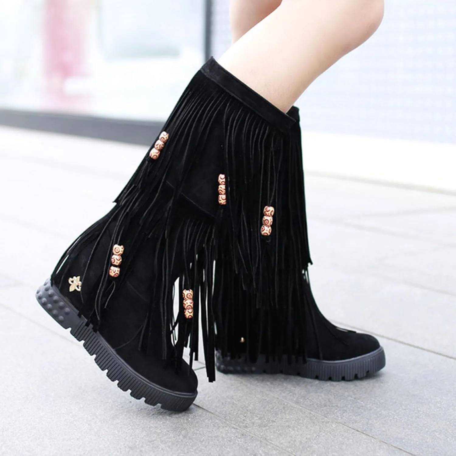 Keilinia Women's 2-Layer Fringe Suede Mid-Calf Boots,Fall Winter Vintage Cute Beaded Hidden Height Wedge Hippie Moccasin Boots