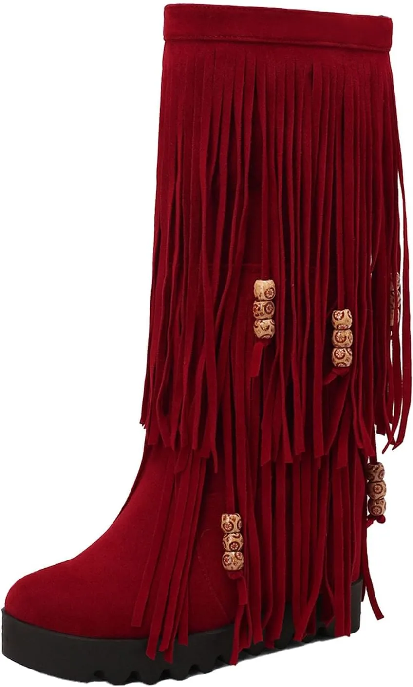 Keilinia Women's 2-Layer Fringe Suede Mid-Calf Boots,Fall Winter Vintage Cute Beaded Hidden Height Wedge Hippie Moccasin Boots