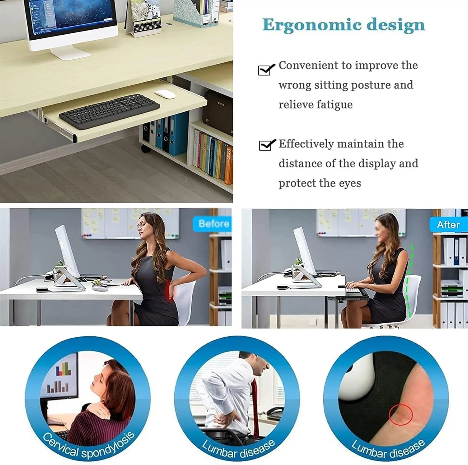 Keyboard Tray Sliding Keyboard Tray Wooden Desk Extension Metal Drawer Slide Rail Modified Keyboard Slider Ergonomics, Relieves Muscle Fatigue and
