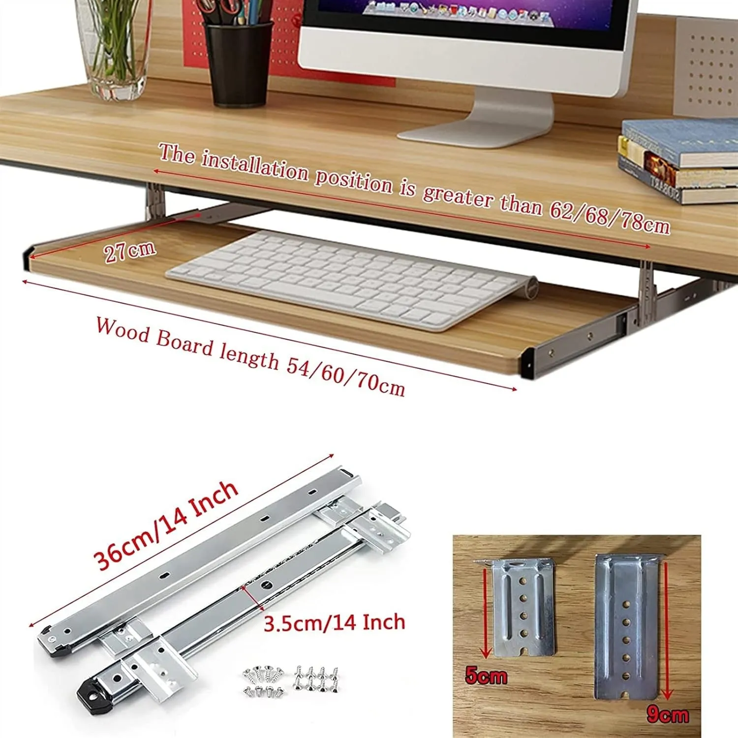 Keyboard Tray Sliding Keyboard Tray Wooden Desk Extension Metal Drawer Slide Rail Modified Keyboard Slider Ergonomics, Relieves Muscle Fatigue and