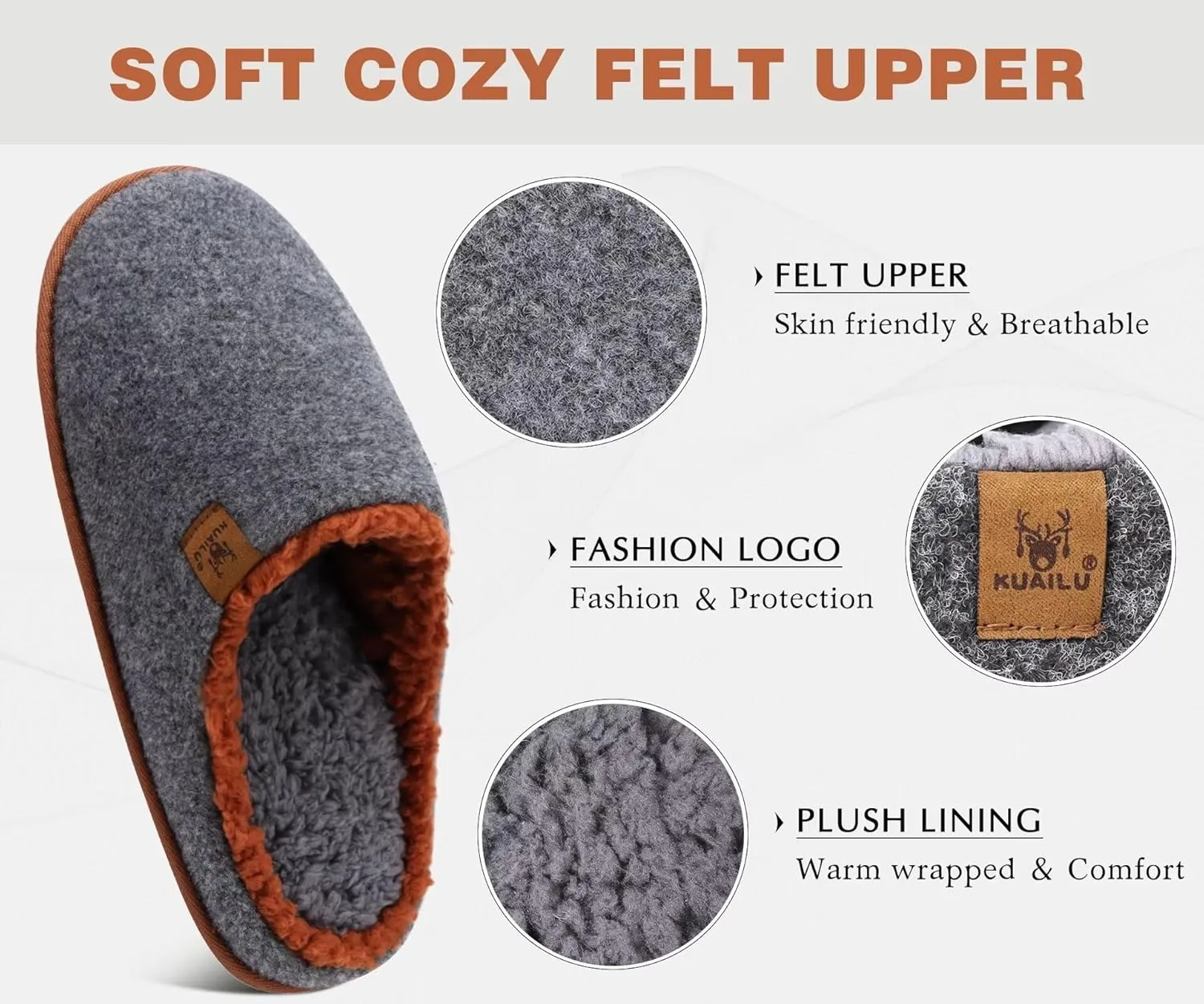 KuaiLu Mens House Memory Foam Slippers with Comfy Warm Plush Lining Felt Slip On Casual Pantuflas Mans Comfortable Bedroom Shoes Rubber Sole for Indoor&Outdoor (Mens Size 7-15)