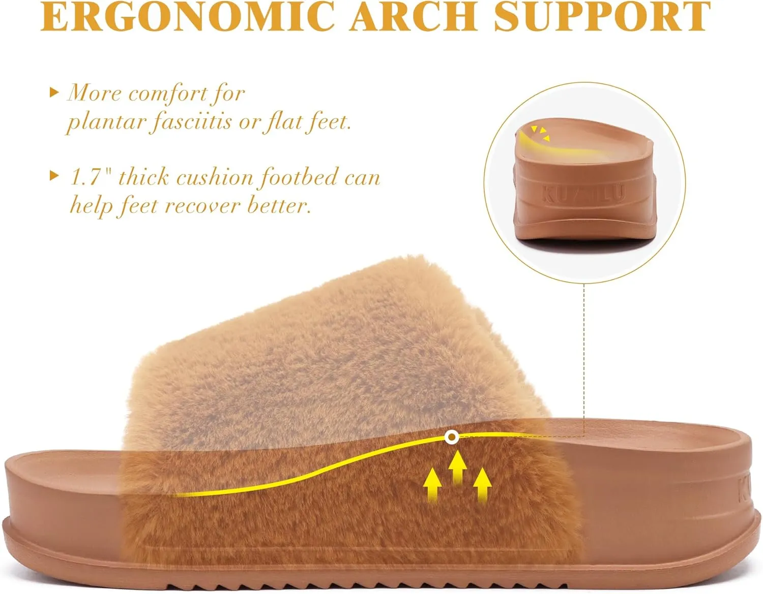 KuaiLu Women's Orthotic Slippers With Arch Support Soft Cushion Sandal Slippers for Woman Ladies Fashion Open Toe Faux Fur Platform Slipper Indoor Outdoor Size 6~12