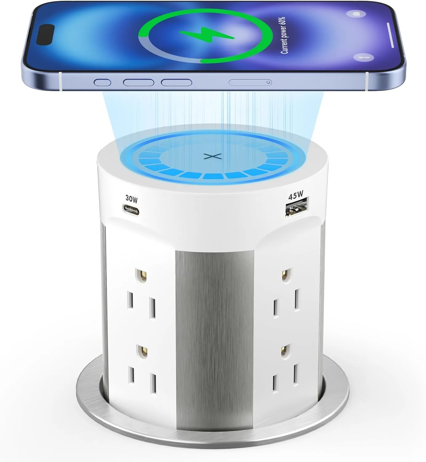 Kungfuking Pop Up Outlet for Countertop Kitchen, 15W Wireless Charger, 75W USB C Counter Top Electrical Power, 8 Outlets & 4 USB Ports, 4"Hole Recessed Popup Outlet for Island Conference Table Office