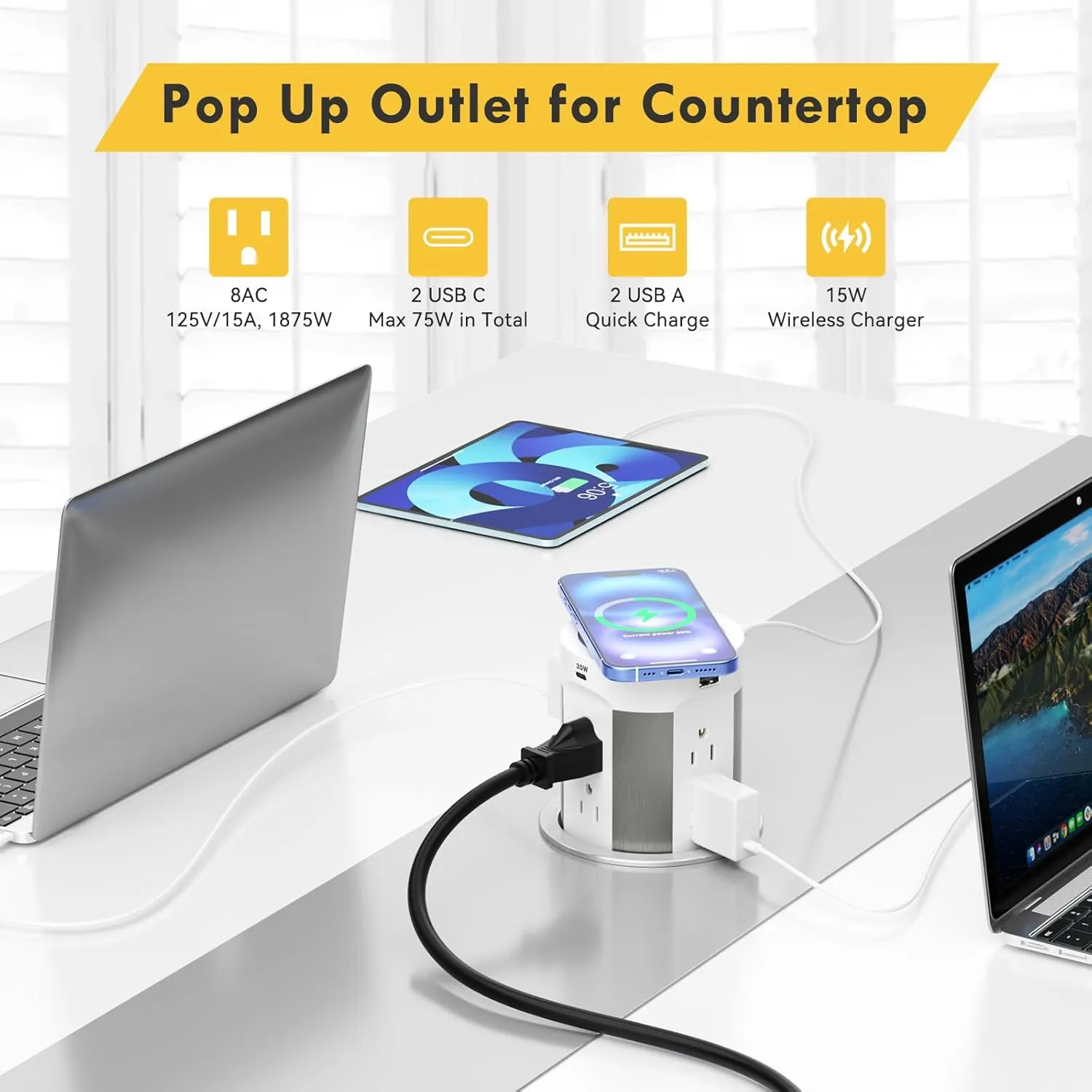 Kungfuking Pop Up Outlet for Countertop Kitchen, 15W Wireless Charger, 75W USB C Counter Top Electrical Power, 8 Outlets & 4 USB Ports, 4"Hole Recessed Popup Outlet for Island Conference Table Office