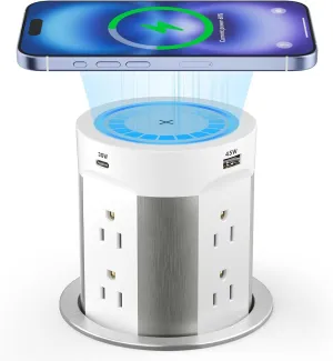 Kungfuking Pop Up Outlet for Countertop Kitchen, 15W Wireless Charger, 75W USB C Counter Top Electrical Power, 8 Outlets & 4 USB Ports, 4"Hole Recessed Popup Outlet for Island Conference Table Office