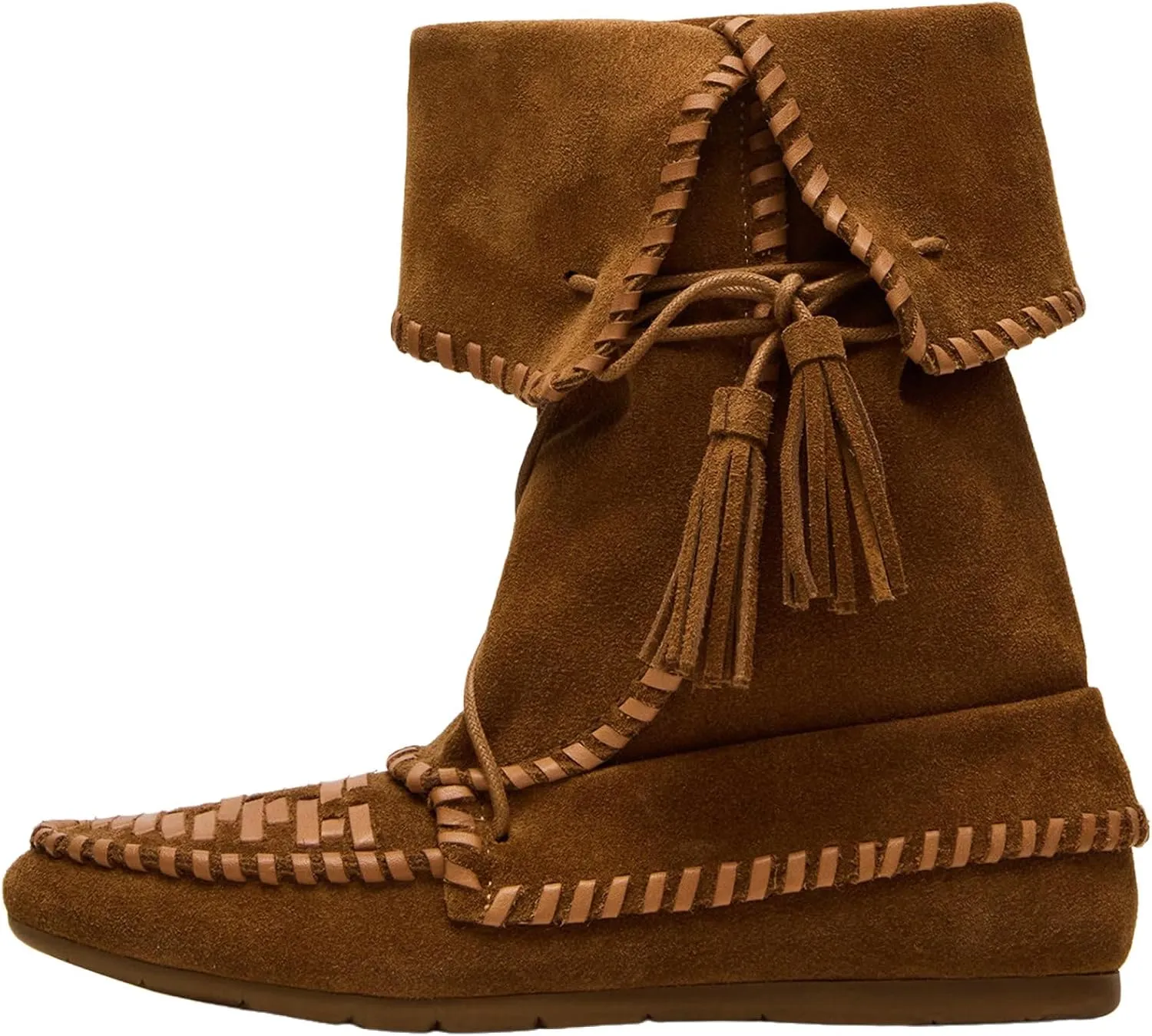 KysBloes Women's Slouchy Boots Fringe Moccasin Shoes Fold Over Flats Lace Up Tassel Comfortable Suede Ankle Boots