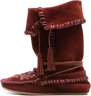 KysBloes Women's Slouchy Boots Fringe Moccasin Shoes Fold Over Flats Lace Up Tassel Comfortable Suede Ankle Boots