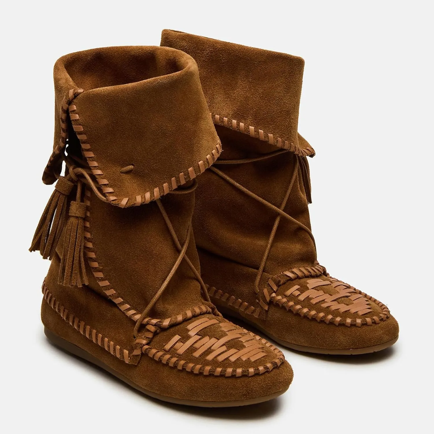 KysBloes Women's Slouchy Boots Fringe Moccasin Shoes Fold Over Flats Lace Up Tassel Comfortable Suede Ankle Boots