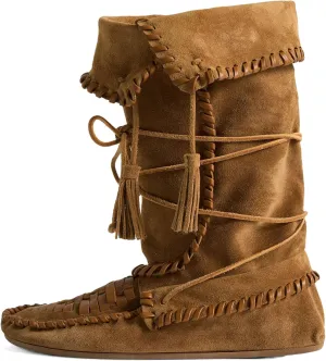 KysBloes Women's Slouchy Boots Fringe Moccasin Shoes Fold Over Flats Lace Up Tassel Comfortable Suede Ankle Boots