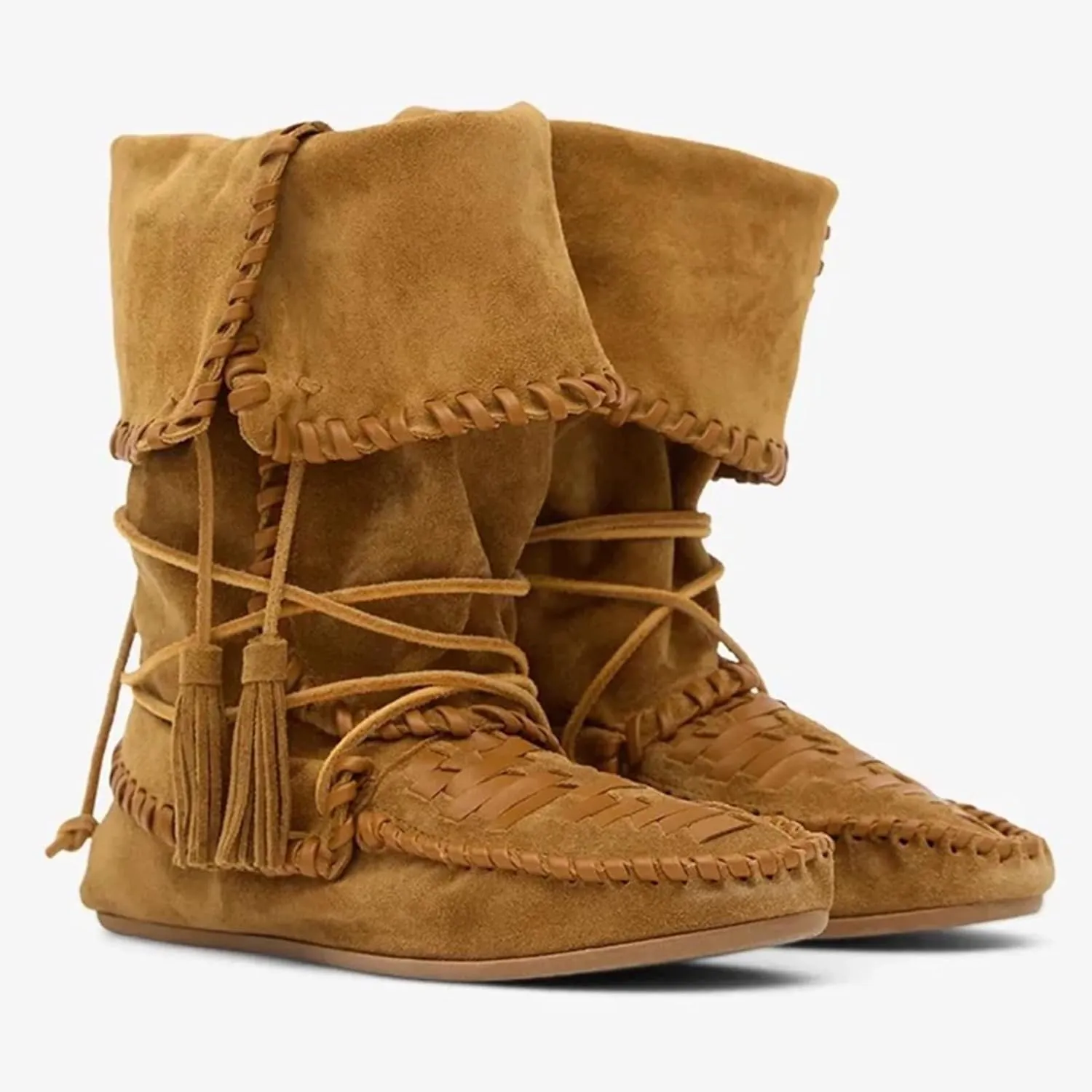 KysBloes Women's Slouchy Boots Fringe Moccasin Shoes Fold Over Flats Lace Up Tassel Comfortable Suede Ankle Boots
