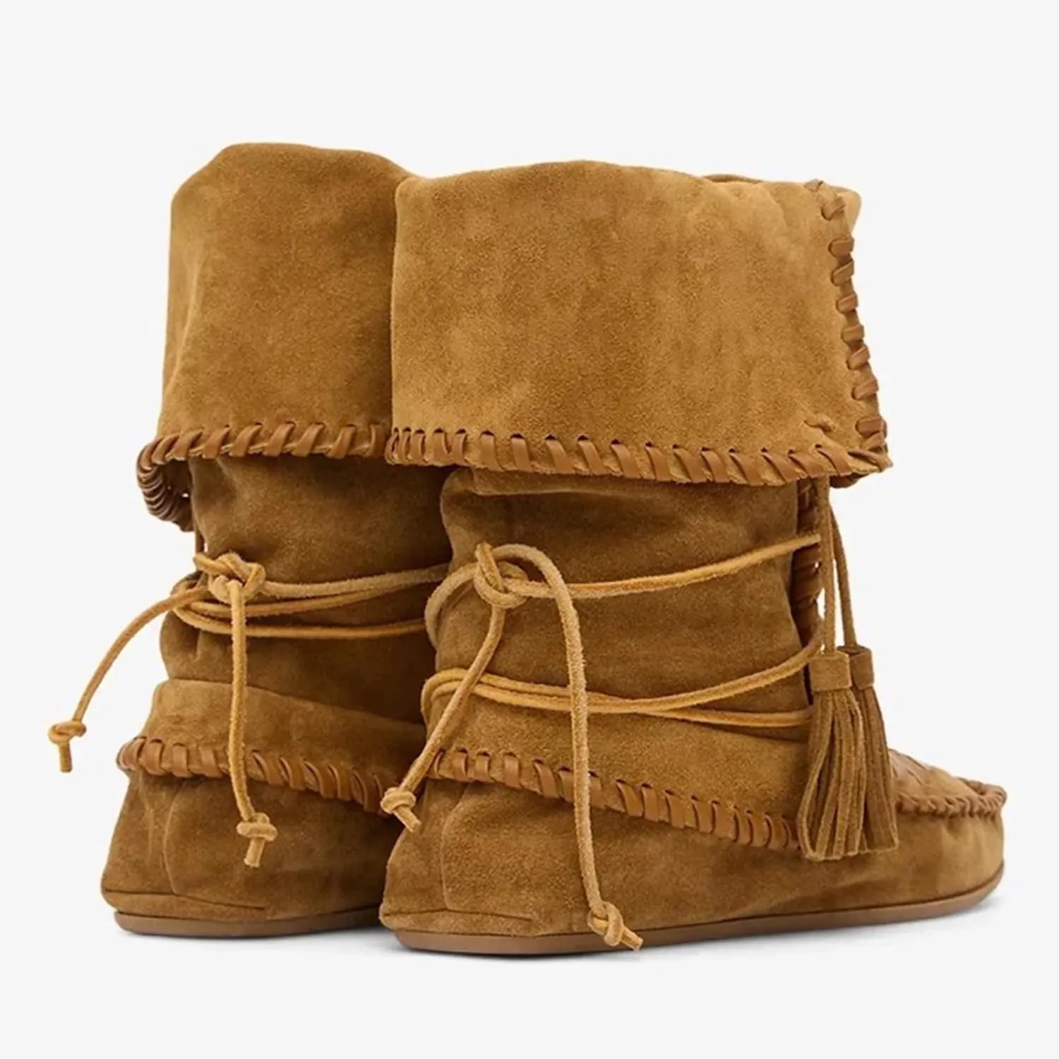 KysBloes Women's Slouchy Boots Fringe Moccasin Shoes Fold Over Flats Lace Up Tassel Comfortable Suede Ankle Boots