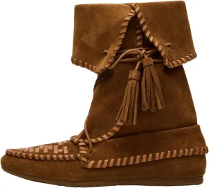 KysBloes Women's Slouchy Boots Fringe Moccasin Shoes Fold Over Flats Lace Up Tassel Comfortable Suede Ankle Boots