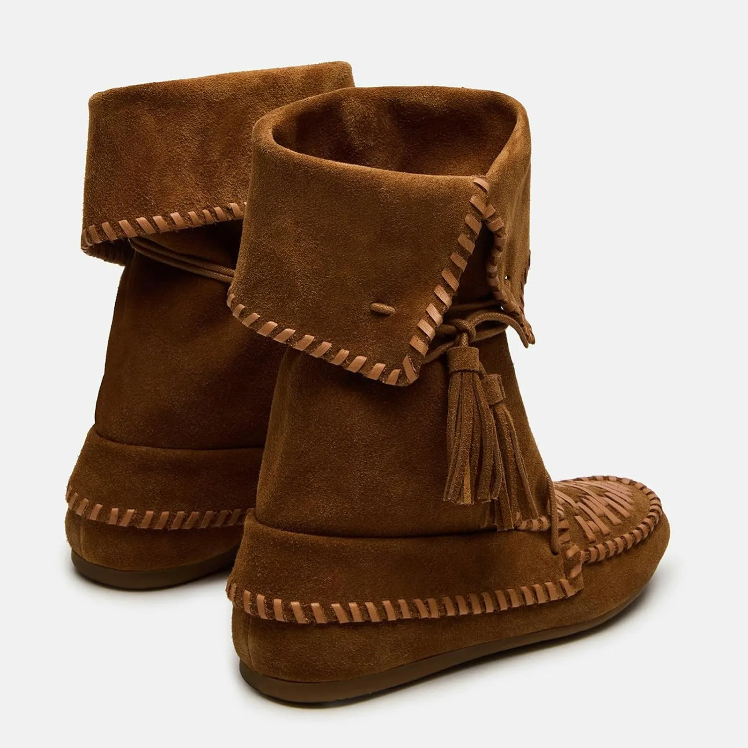 KysBloes Women's Slouchy Boots Fringe Moccasin Shoes Fold Over Flats Lace Up Tassel Comfortable Suede Ankle Boots