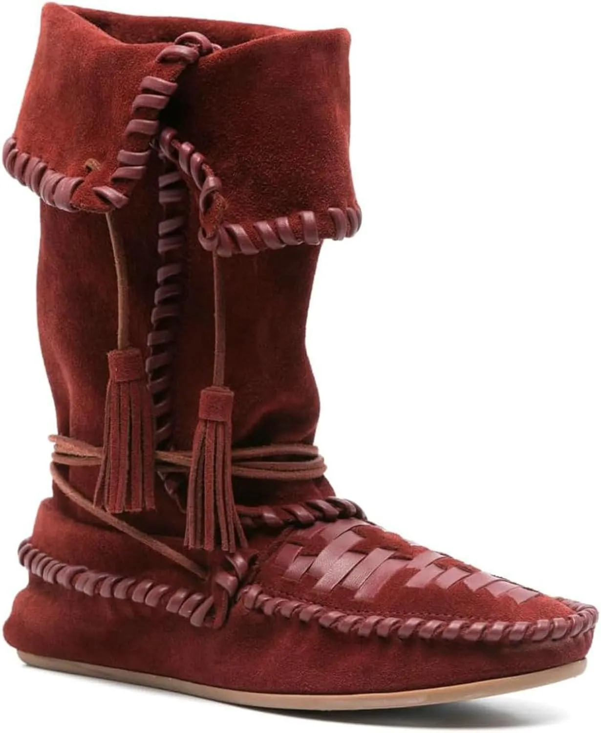 KysBloes Women's Slouchy Boots Fringe Moccasin Shoes Fold Over Flats Lace Up Tassel Comfortable Suede Ankle Boots