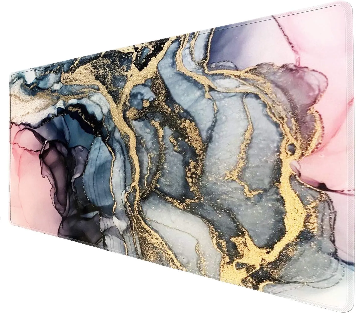 Large Gaming XXL Mouse Pad with Stitched Edge 31.5"x11.8"x0.15" Marble Customized Extended Gaming Mouse Pad Anti-Slip Rubber Base Ergonomic Mouse Pad(Colorful Marble) (Pink Gold Marble)