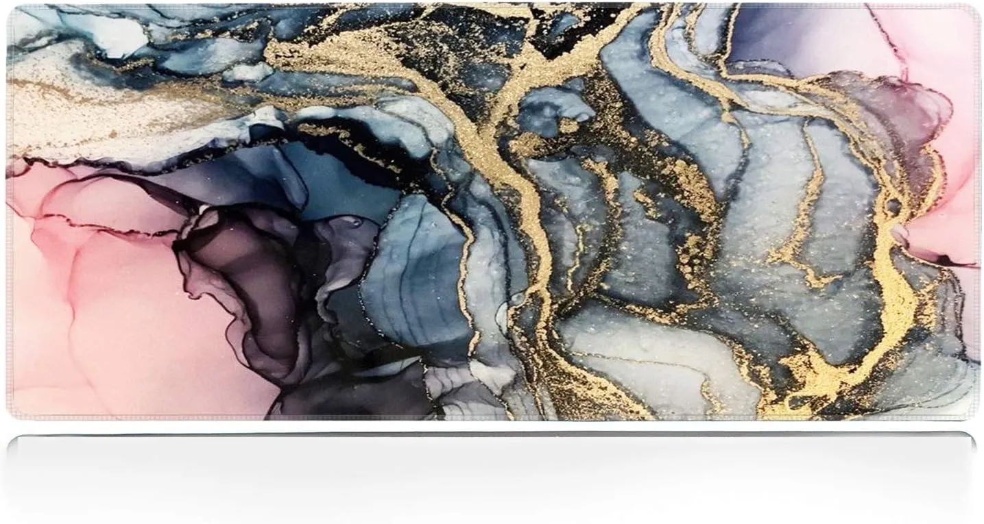 Large Gaming XXL Mouse Pad with Stitched Edge 31.5"x11.8"x0.15" Marble Customized Extended Gaming Mouse Pad Anti-Slip Rubber Base Ergonomic Mouse Pad(Colorful Marble) (Pink Gold Marble)