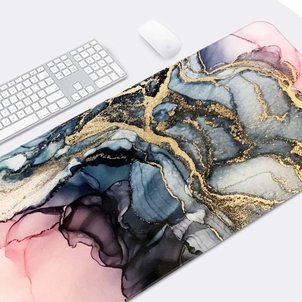 Large Gaming XXL Mouse Pad with Stitched Edge 31.5"x11.8"x0.15" Marble Customized Extended Gaming Mouse Pad Anti-Slip Rubber Base Ergonomic Mouse Pad(Colorful Marble) (Pink Gold Marble)