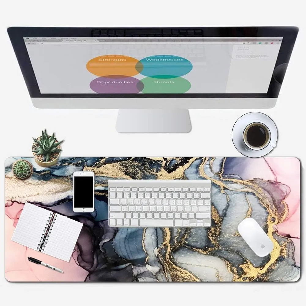 Large Gaming XXL Mouse Pad with Stitched Edge 31.5"x11.8"x0.15" Marble Customized Extended Gaming Mouse Pad Anti-Slip Rubber Base Ergonomic Mouse Pad(Colorful Marble) (Pink Gold Marble)