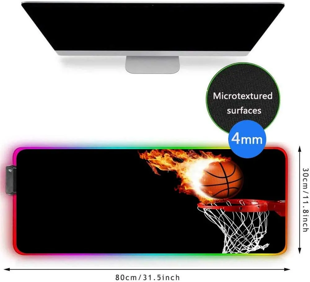 Large RGB Gaming XXL Mouse Pad with Stitched Edge 31.5×15.7×0.15 Fire Basketball Mouse Mat Customized Extended Glowing Led Gaming Mouse Pad Anti-Slip Rubber Base Ergonomic Mouse Pad for Computer