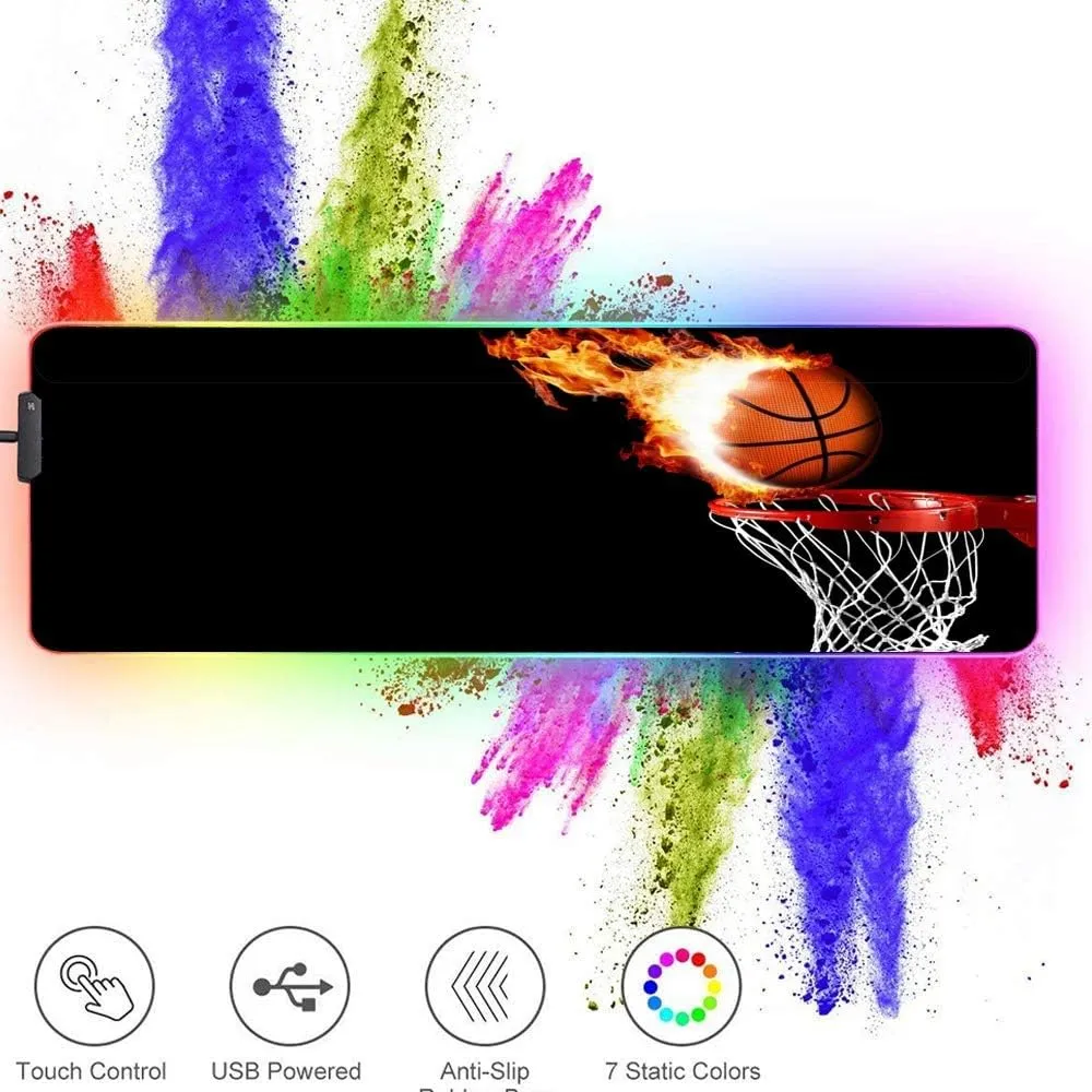 Large RGB Gaming XXL Mouse Pad with Stitched Edge 31.5×15.7×0.15 Fire Basketball Mouse Mat Customized Extended Glowing Led Gaming Mouse Pad Anti-Slip Rubber Base Ergonomic Mouse Pad for Computer