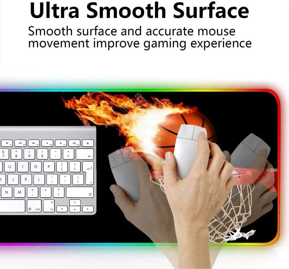Large RGB Gaming XXL Mouse Pad with Stitched Edge 31.5×15.7×0.15 Fire Basketball Mouse Mat Customized Extended Glowing Led Gaming Mouse Pad Anti-Slip Rubber Base Ergonomic Mouse Pad for Computer