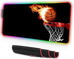 Large RGB Gaming XXL Mouse Pad with Stitched Edge 31.5×15.7×0.15 Fire Basketball Mouse Mat Customized Extended Glowing Led Gaming Mouse Pad Anti-Slip Rubber Base Ergonomic Mouse Pad for Computer