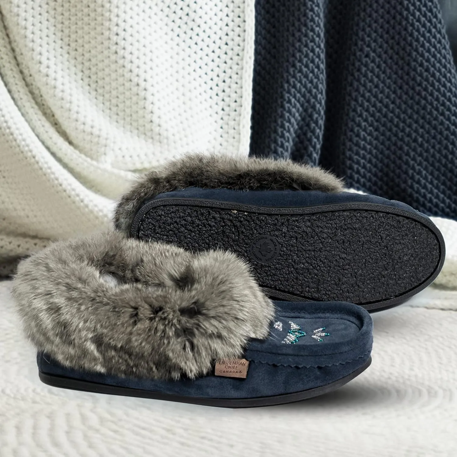 Laurentian Chief Moccasin Slippers for Woman - Orlon Beaded Slippers with Fur Trim and Padded Sole, Comfortable Indoor and Outdoor