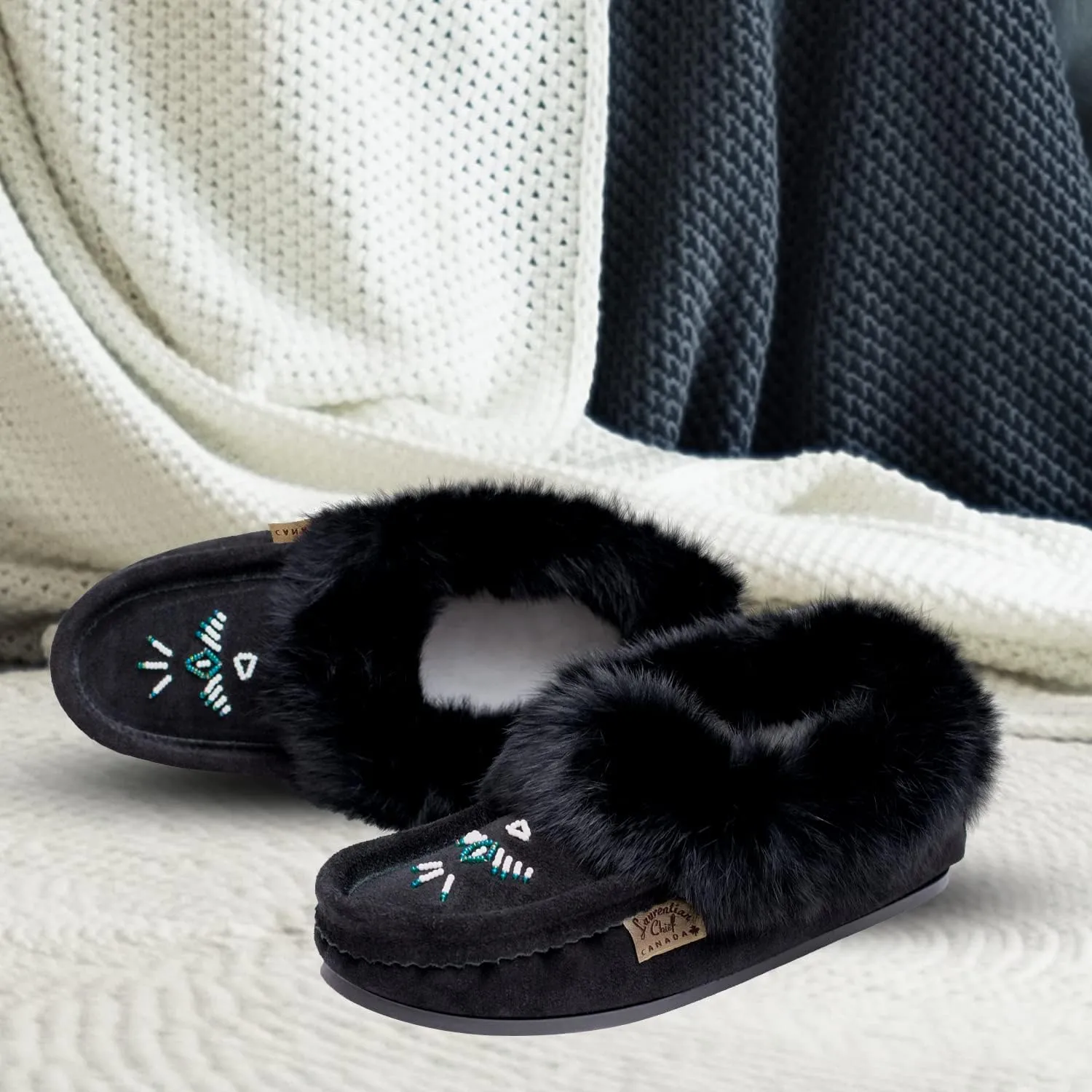 Laurentian Chief Moccasin Slippers for Woman - Orlon Beaded Slippers with Fur Trim and Padded Sole, Comfortable Indoor and Outdoor