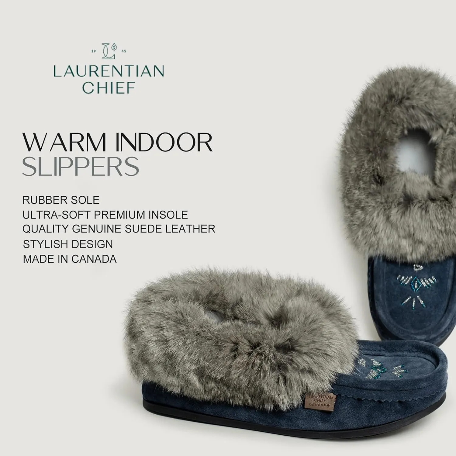 Laurentian Chief Moccasin Slippers for Woman - Orlon Beaded Slippers with Fur Trim and Padded Sole, Comfortable Indoor and Outdoor
